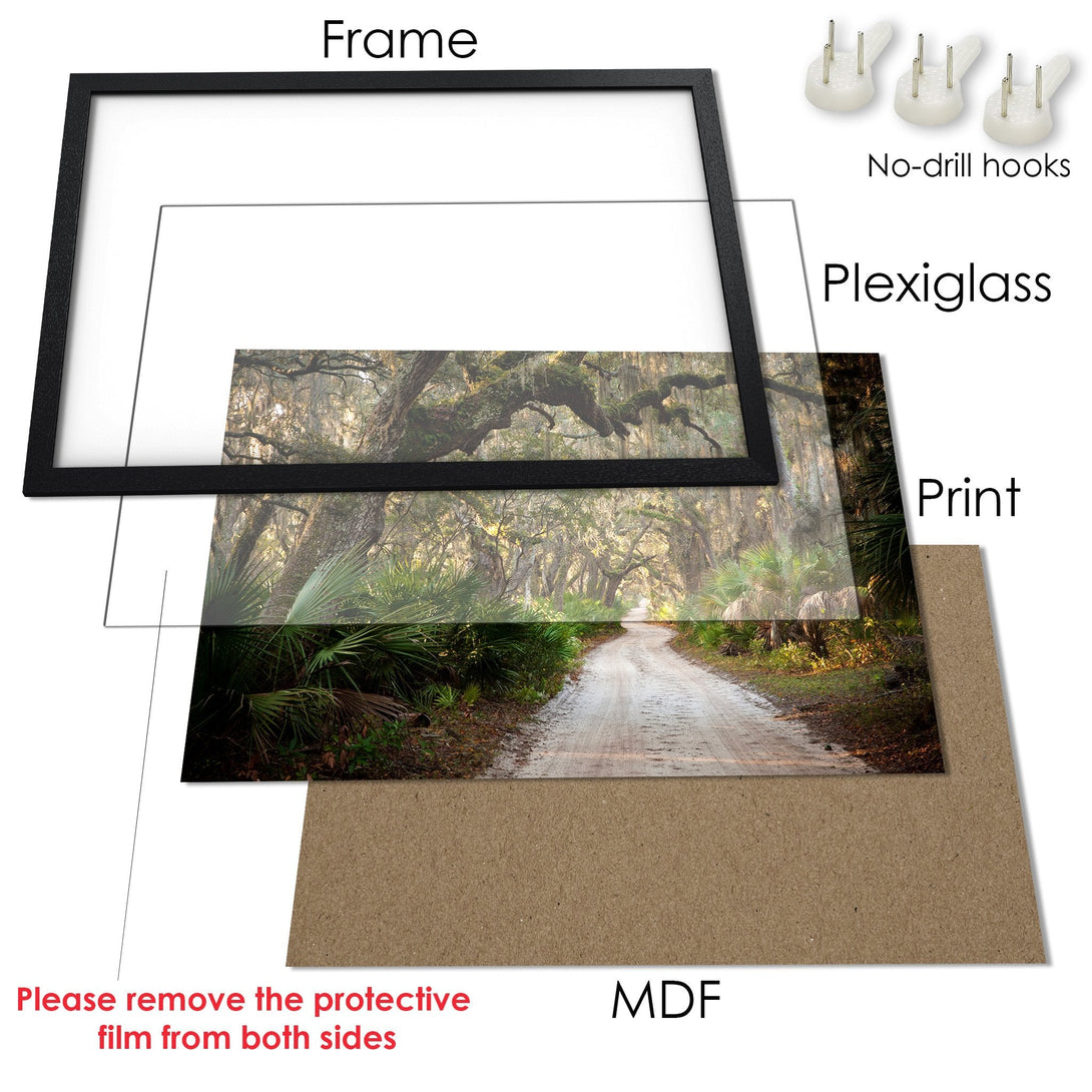 Framed Poster featuring a scenic forest road. Nature-inspired art with green, brown, and neutral tones. Elevate your space with this beautiful Poster!