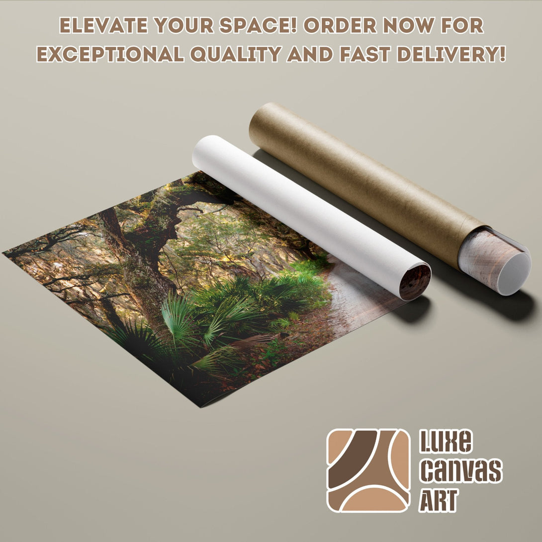 Poster Roll featuring a serene forest scene in warm earth tones. Elevate your space with Luxe Canvas Art!