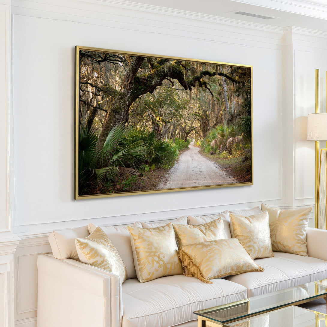 Canvas Print of a scenic road through a forest, warm tones. Perfect for adding a touch of nature to your home decor.
