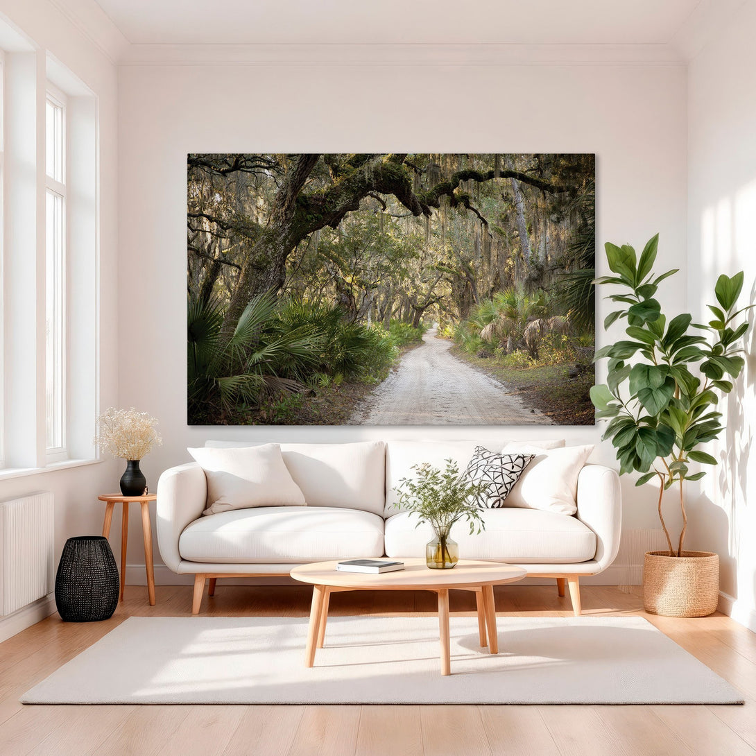 Framed Wall Art featuring a scenic forest path. Earthy tones with green foliage and a golden frame, perfect for adding natural beauty to your space.