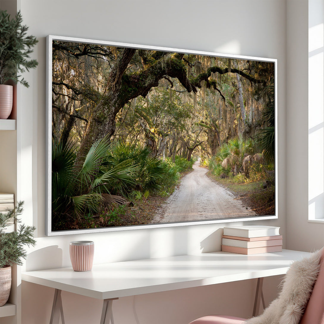 Framed Wall Art: Scenic forest path Canvas Print, warm earth tones and lush greenery. Bring nature's beauty indoors with this stunning landscape artwork.