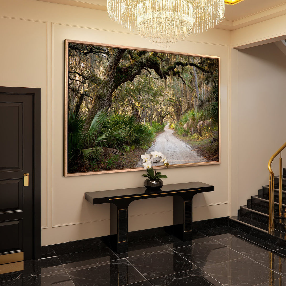Framed Wall Art: Serene forest path canvas print in a luxury interior. Earthy tones and natural light create a calming atmosphere. Elevate your space!