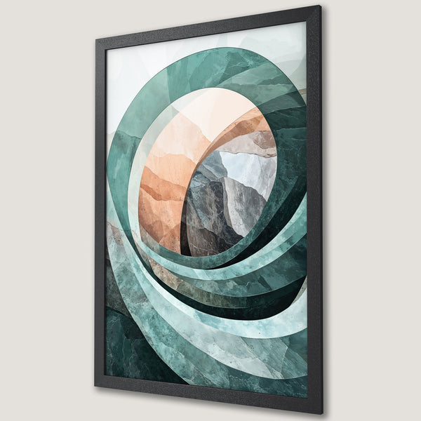 Framed Poster featuring abstract art in teal, orange, and gray. Modern style wall art for home decor.