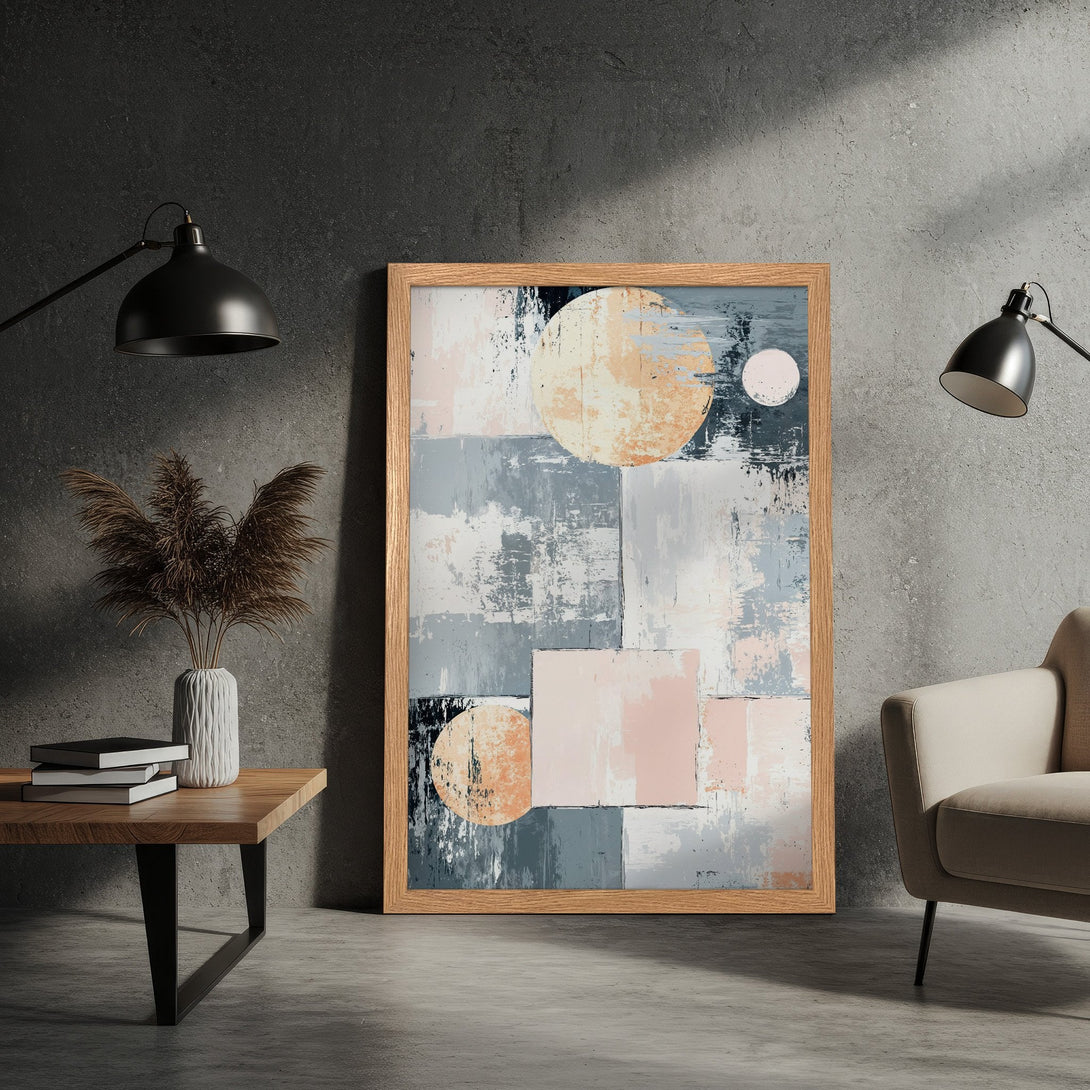 Framed Poster: Abstract art print in muted pink, gray, and beige tones. Modern style, perfect for home decor. Shop this stylish poster today!