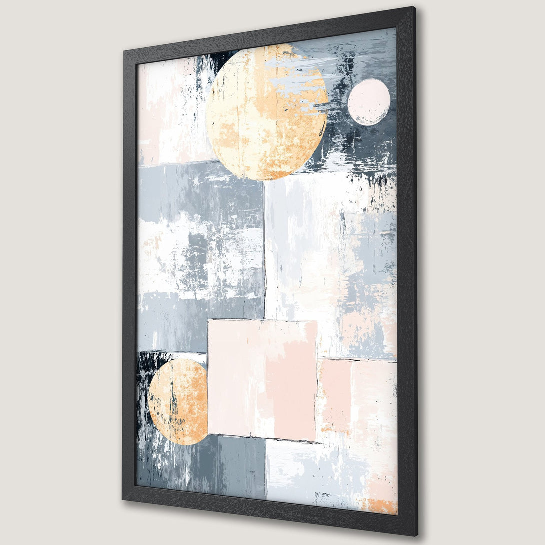 Framed Poster featuring abstract geometric art with a muted color palette of blush, grey, and gold. Modern art print for your home.