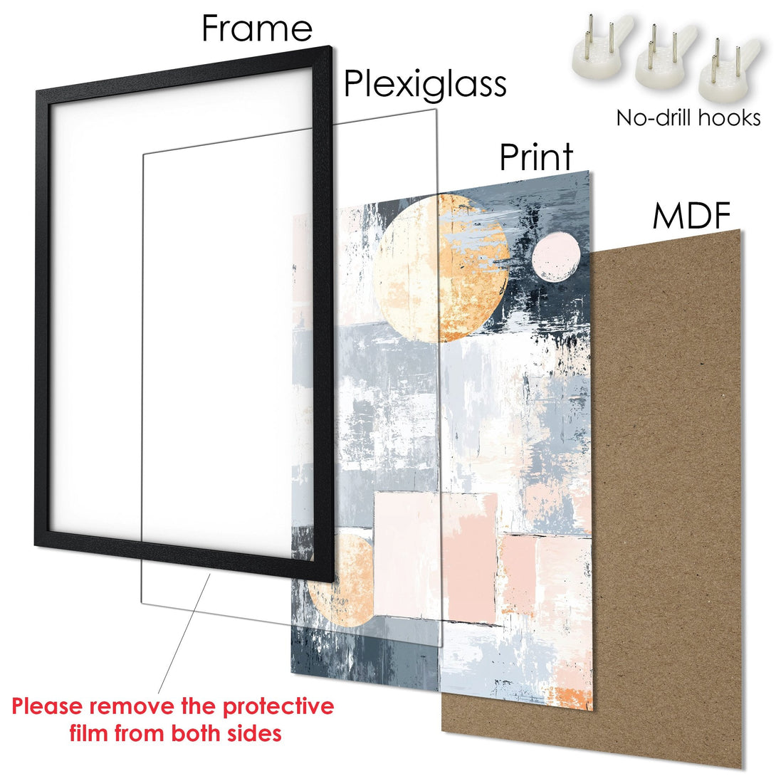 Framed Poster: Abstract art print with geometric shapes in a modern style, featuring a serene color palette of blue, peach, and gray.