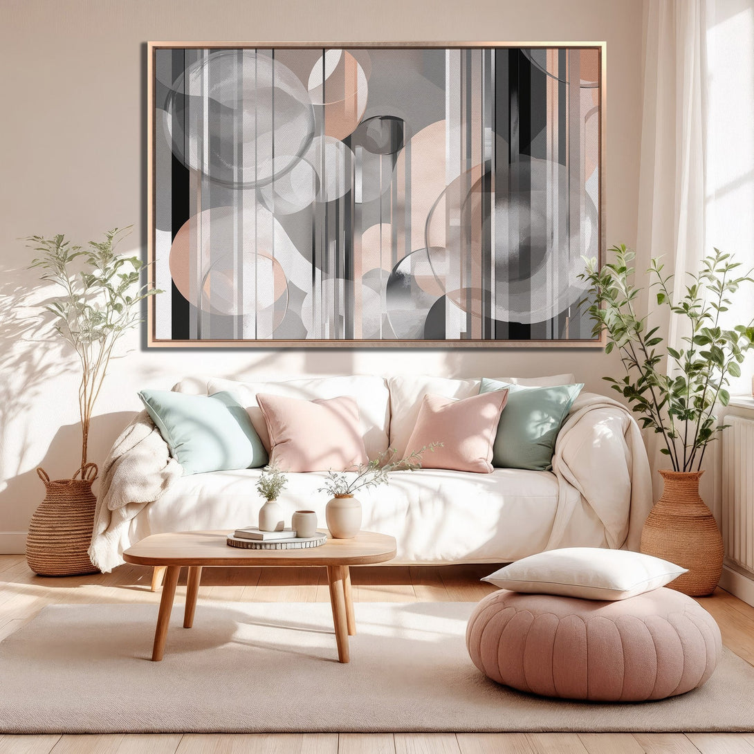 Framed Wall Art with abstract geometric design in gray, black, and blush tones. Modern canvas print for stylish home decor.