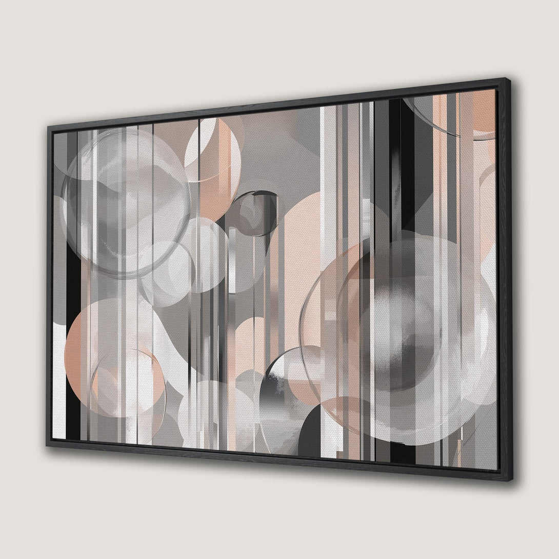 Framed Wall Art featuring an abstract geometric design in neutral tones of gray, blush, and black. Modern art for your home!