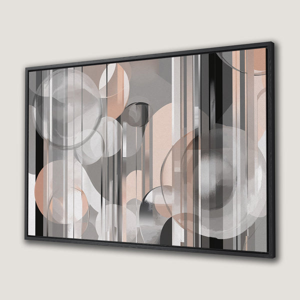Framed Wall Art featuring an abstract geometric design in neutral tones of gray, blush, and black. Modern art for your home!