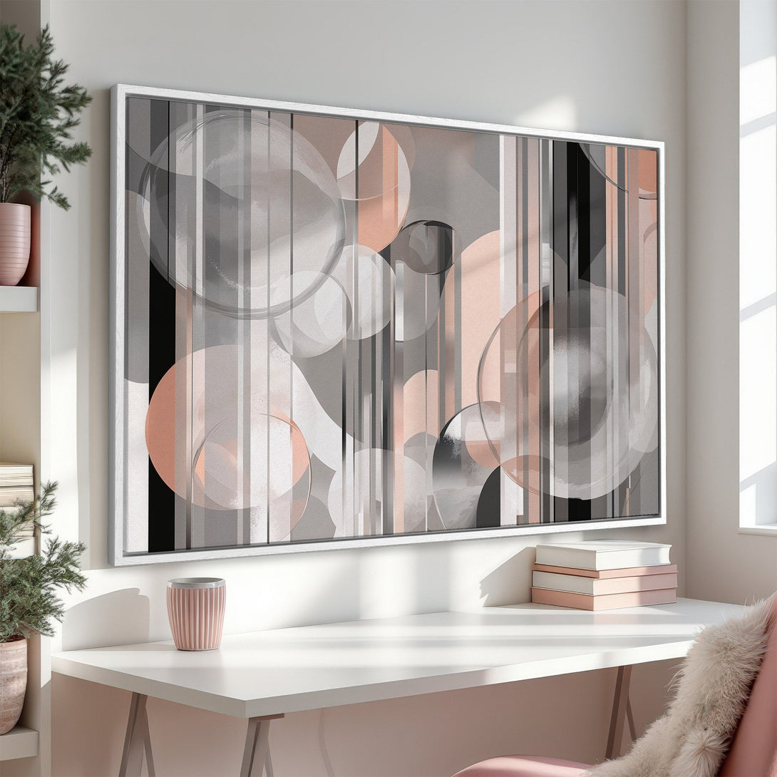 Framed Wall Art featuring an abstract design with circles and lines in a modern style. Color palette includes gray, black, and blush tones. Perfect for home decor.