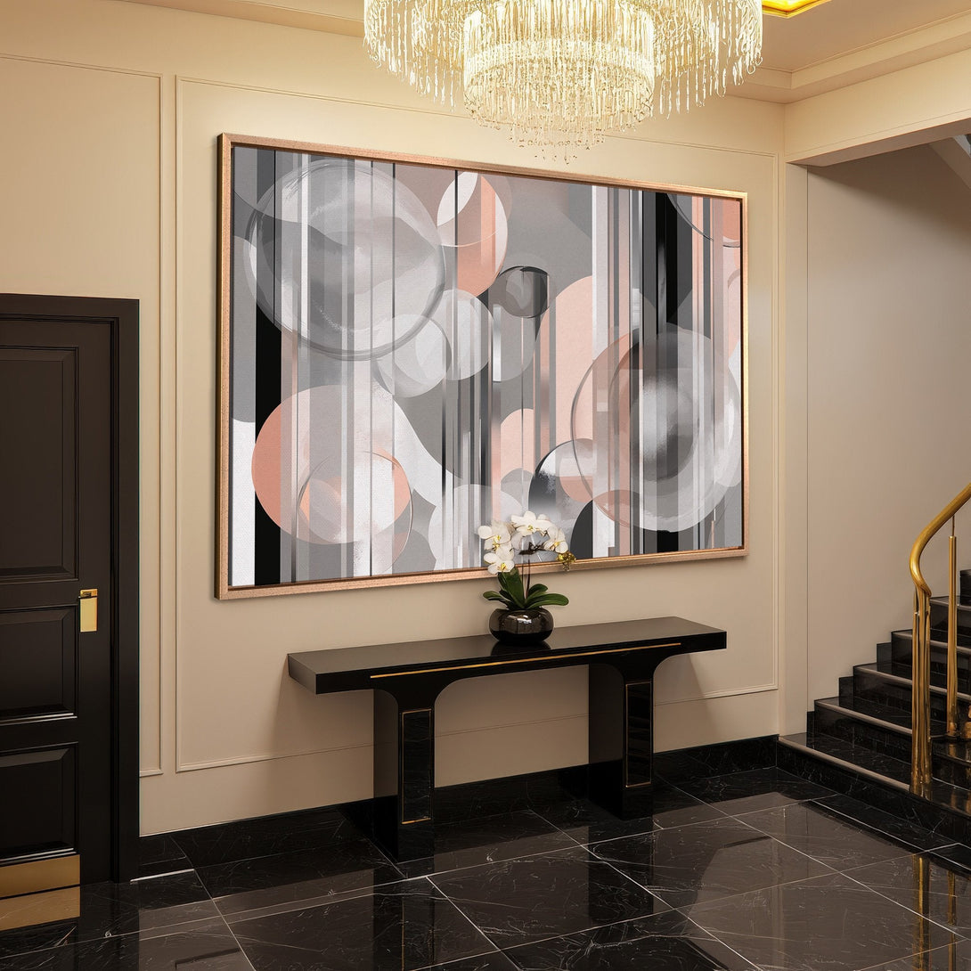 Framed Wall Art: Abstract geometric art in grey, blush, and black. Modern canvas print adds elegance to any interior. Shop now for stylish decor!