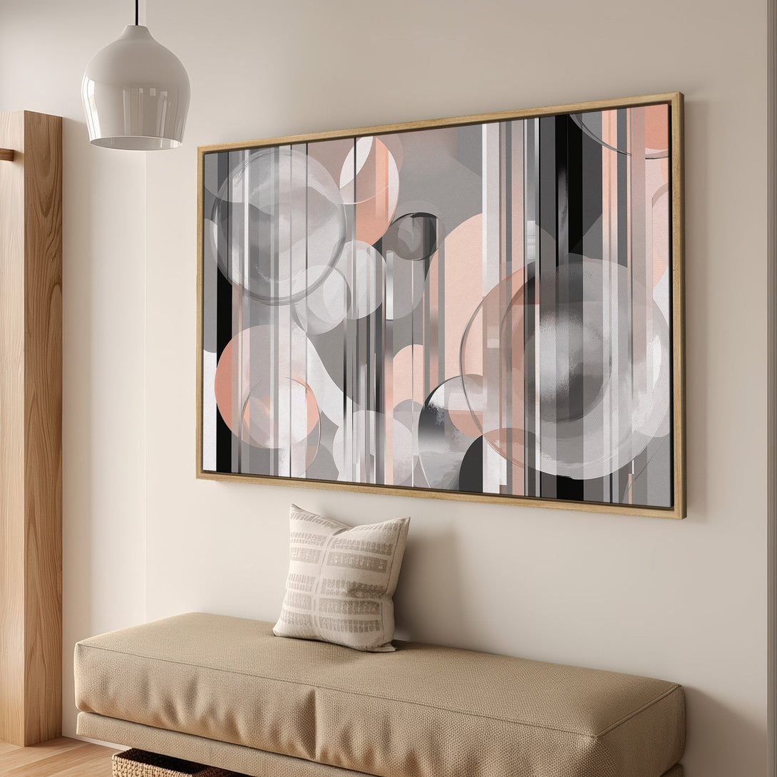 Framed Wall Art featuring an abstract geometric design in a modern style with a neutral gray and peach color palette. Perfect for any interior.