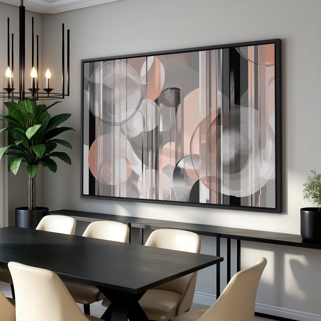 Framed Wall Art featuring abstract geometric design in a neutral palette of gray, black, and blush. Modern art for dining room decor.