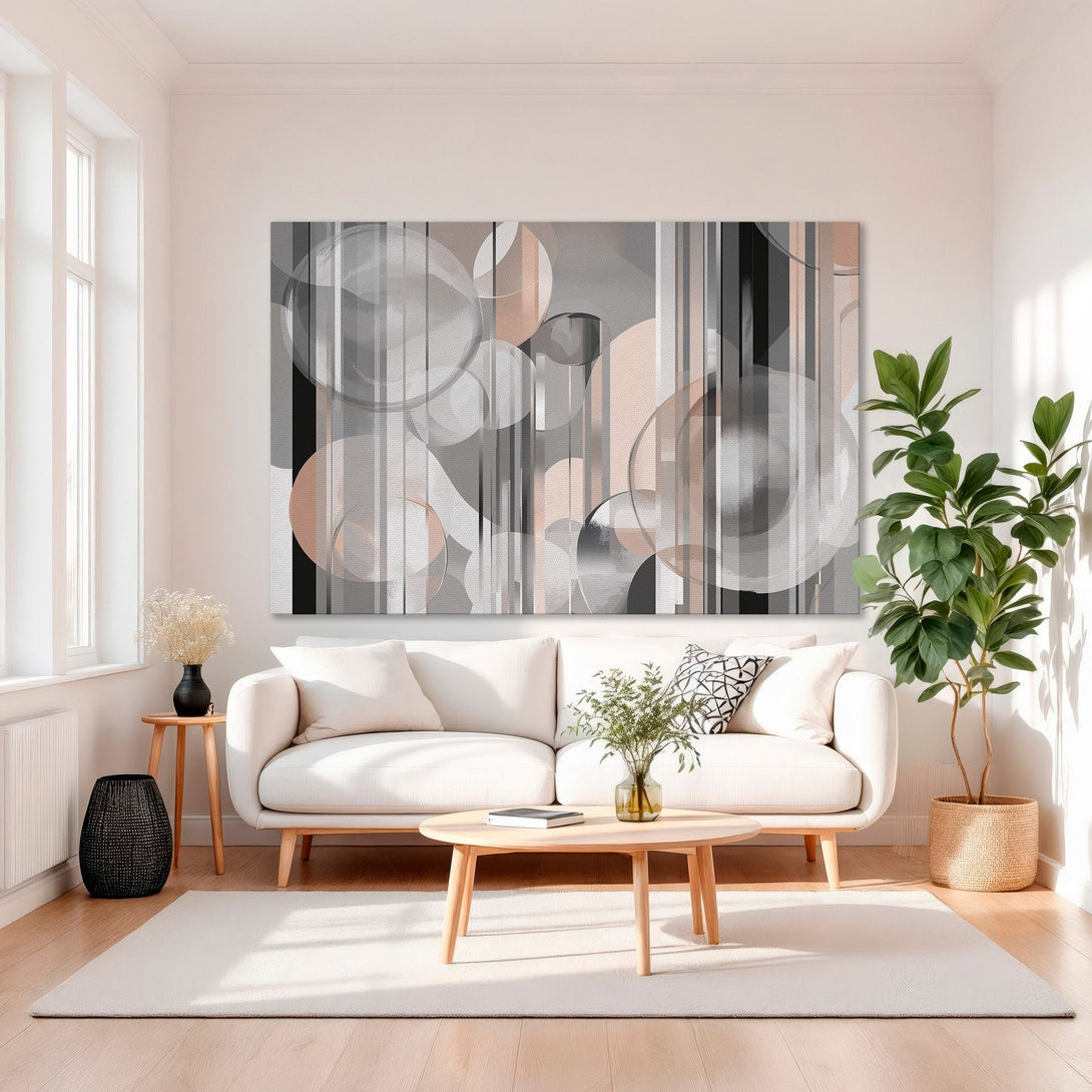 Framed Wall Art: Abstract geometric design in blush, gray, and black. Modern art canvas print adds a touch of elegance to any interior.