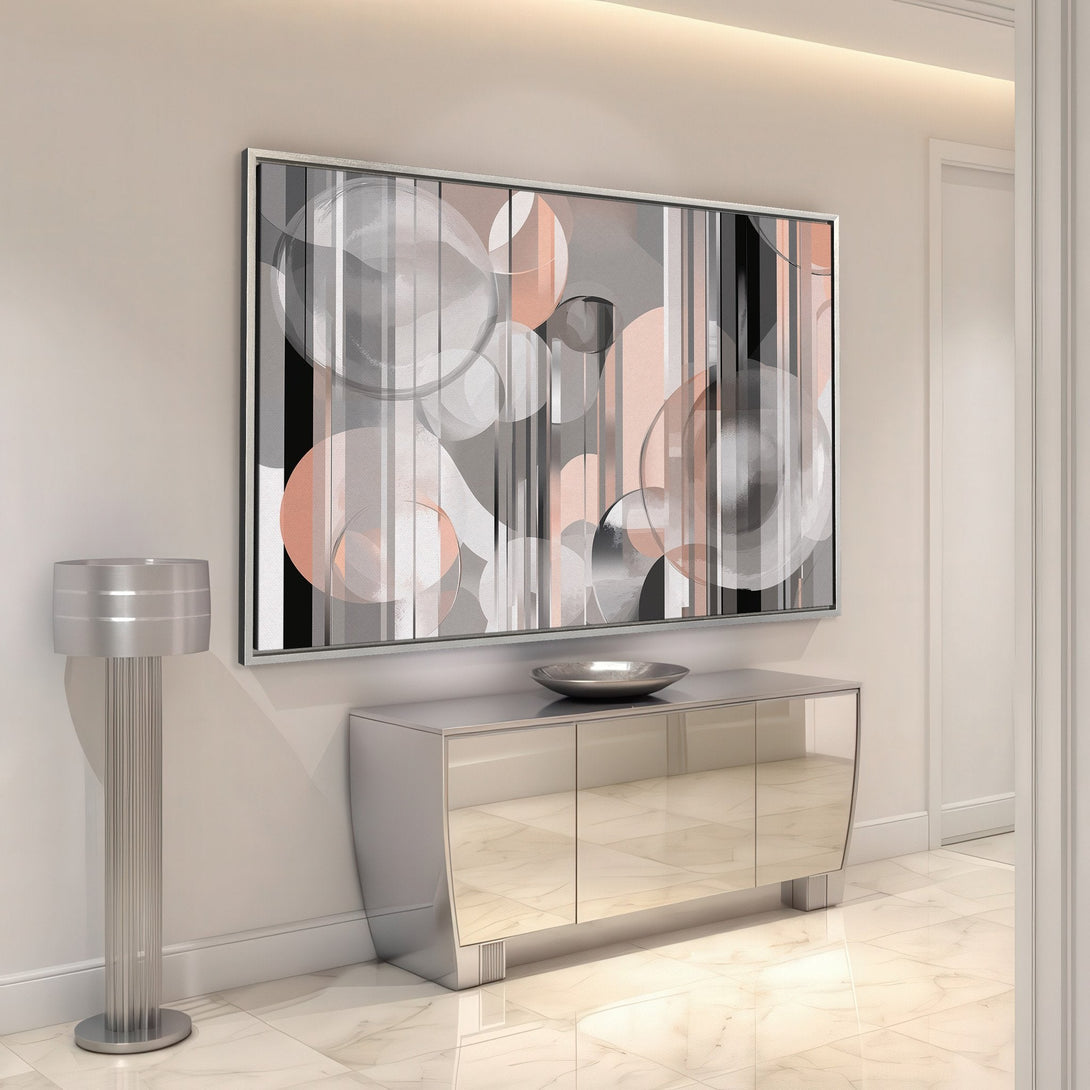 Framed Wall Art featuring an abstract geometric design in grey, black, and blush tones. Modern art for a stylish interior.
