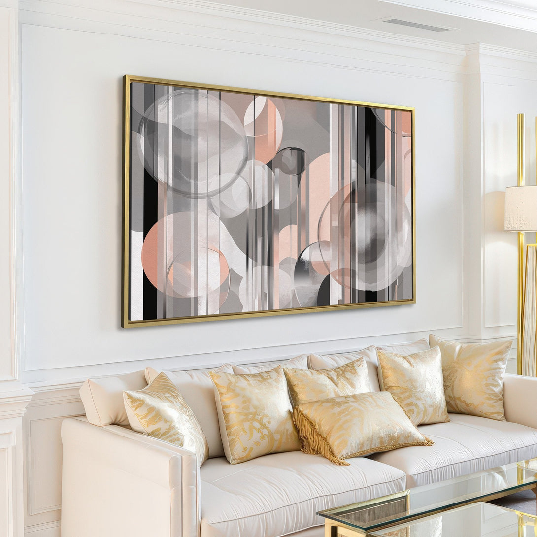 Abstract Canvas Print in a modern living room. Geometric art with gray, black, and blush tones. Perfect for contemporary home decor.