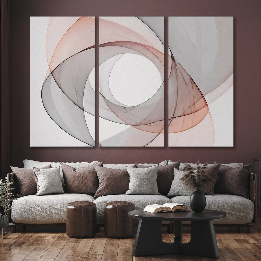 Abstract Canvas Print in neutral tones of gray, white, and blush pink. Modern art for stylish home decor.