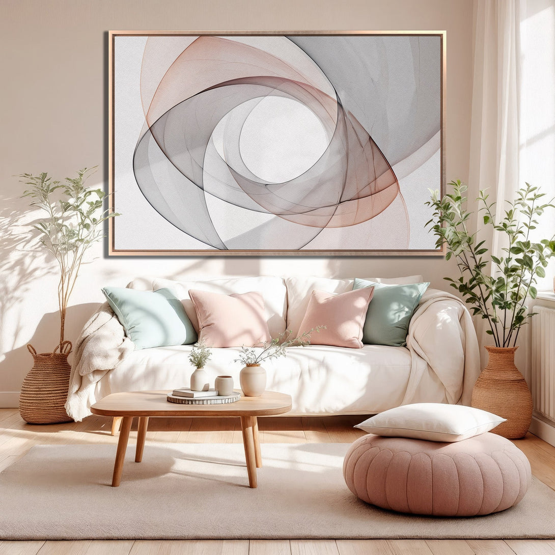 Framed Wall Art featuring an abstract design in neutral tones of gray, black, and blush. Modern art perfect for living room decor.