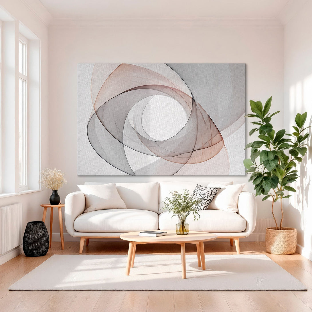 Framed Wall Art: Abstract art in neutral tones (gray, blush) with gold frame. Modern canvas print for living room decor.