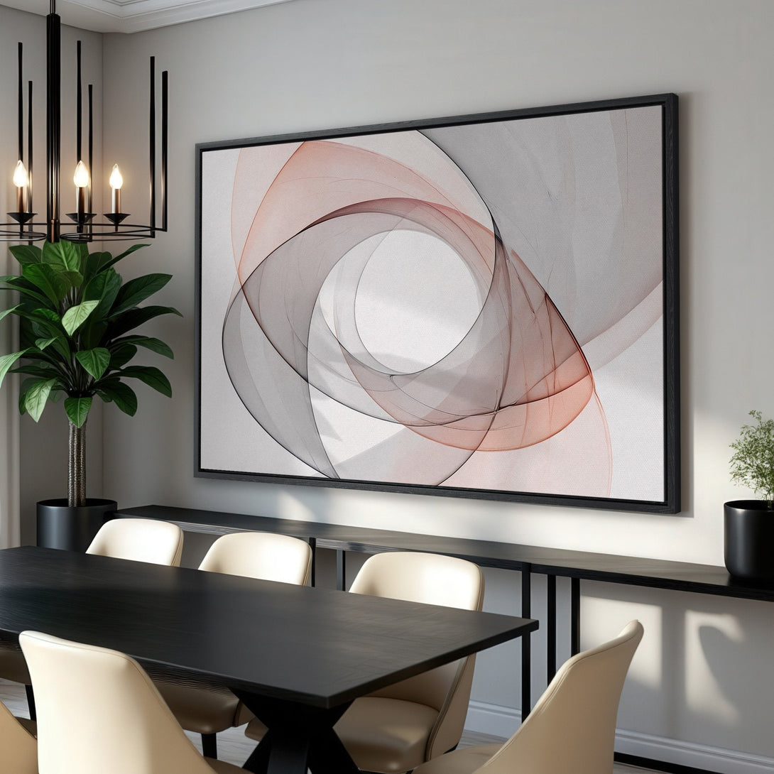 Framed Wall Art featuring abstract design in neutral tones. Modern art print with gray, black, and terracotta color palette, perfect for dining room decor.