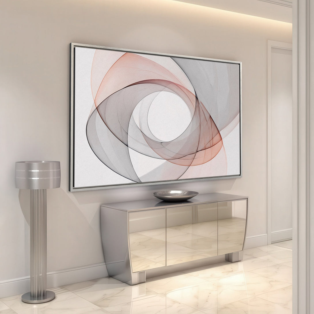 Framed Wall Art featuring an abstract design in neutral tones of gray, white, and coral. Modern art piece perfect for any interior.