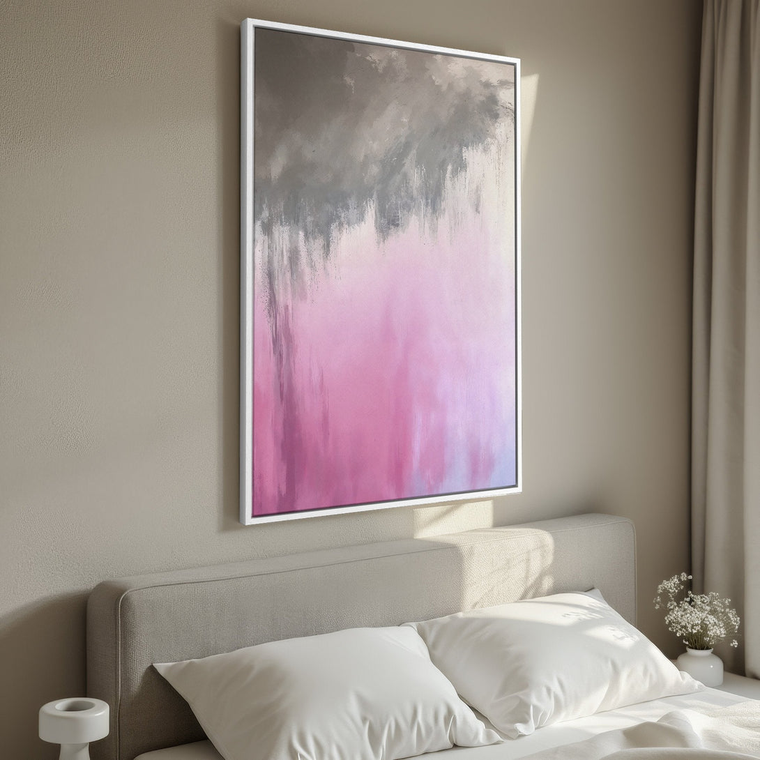 Framed Wall Art: Abstract pink & gray canvas print adds modern art to bedroom decor. Soft color palette & brushstroke style. Shop art for your home!