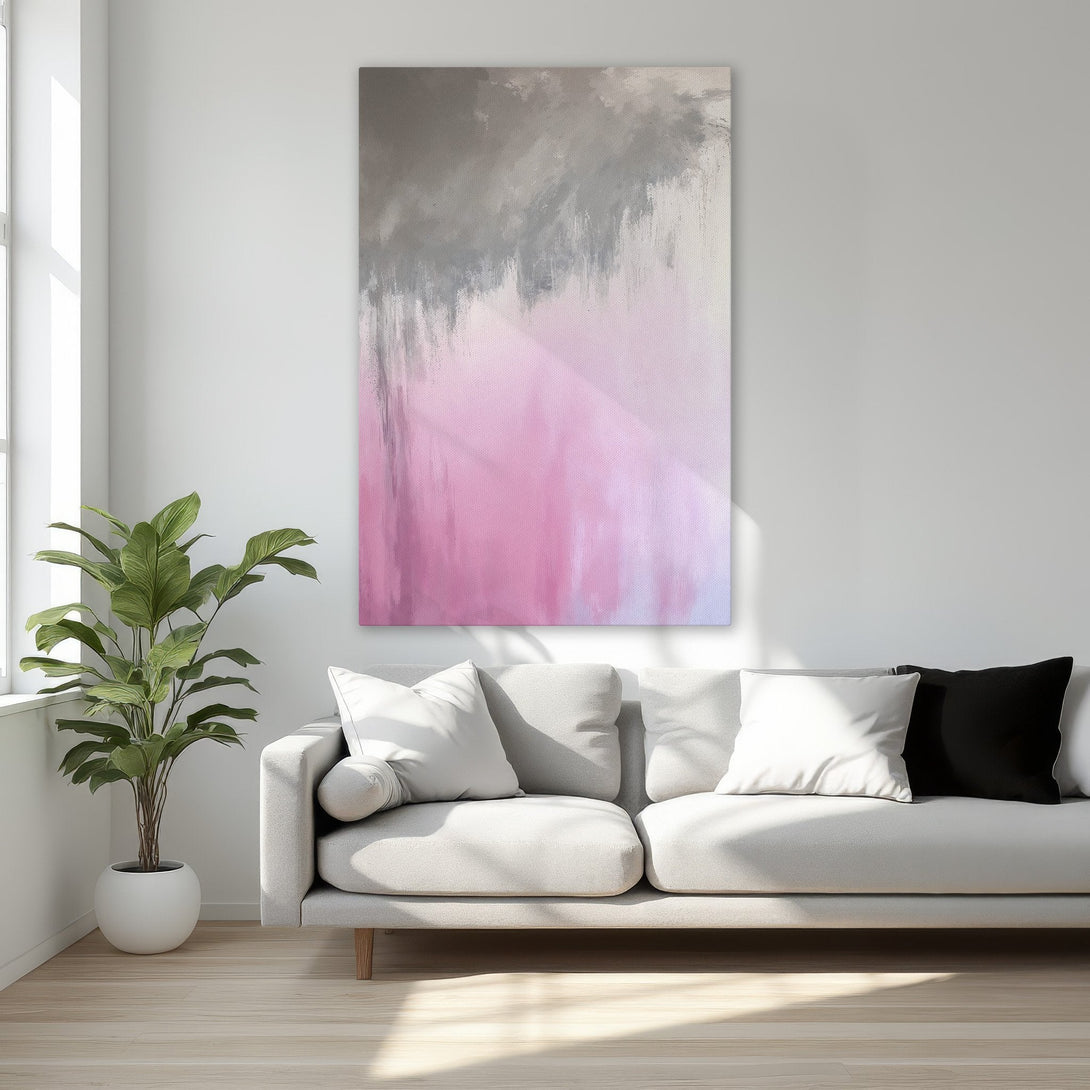 Framed Wall Art: Abstract pink and gray canvas print. Modern art in a bedroom setting. Soft color palette for a calming interior.
