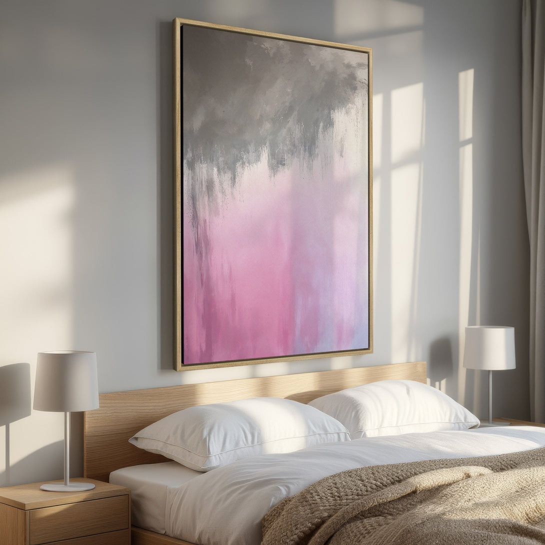 Framed Wall Art: Abstract pink and gray canvas print. Modern art for bedroom decor. Add a touch of elegance with this beautiful piece.