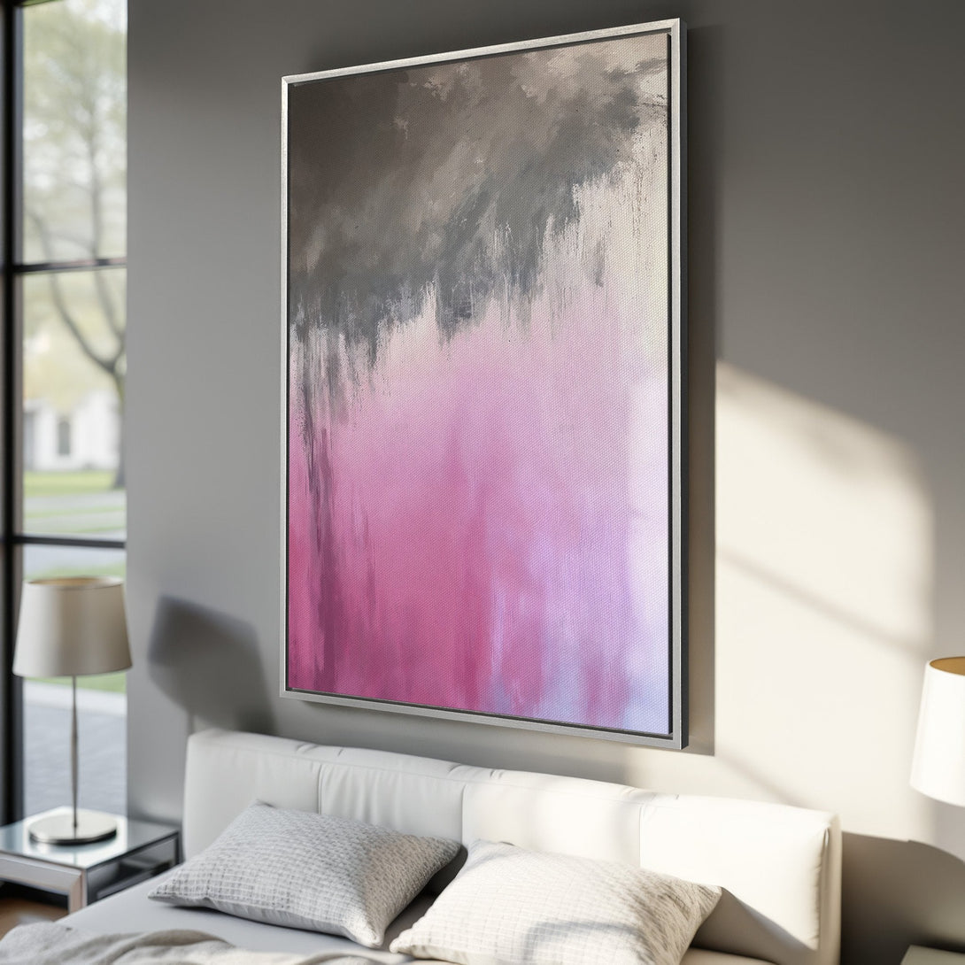 Framed Wall Art: Abstract pink & gray canvas print. Modern art for bedroom decor. Adds a touch of elegance to any space. Shop now!
