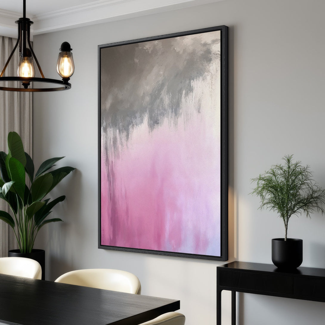 Framed Wall Art: Abstract pink & gray brushstroke canvas print. Modern art for your home. Stylish color palette for a contemporary interior.