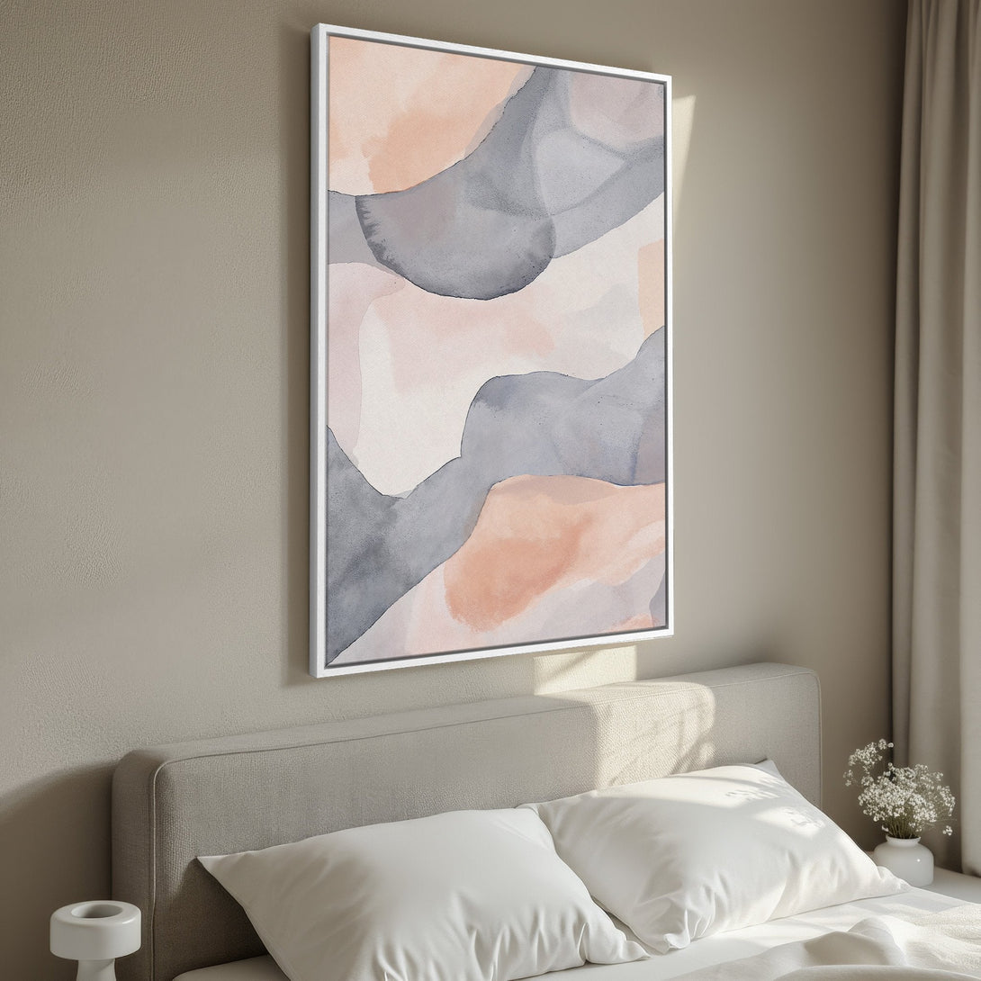 Framed Wall Art featuring abstract watercolor design in blush pink and grey tones. Modern art perfect for bedroom decor.