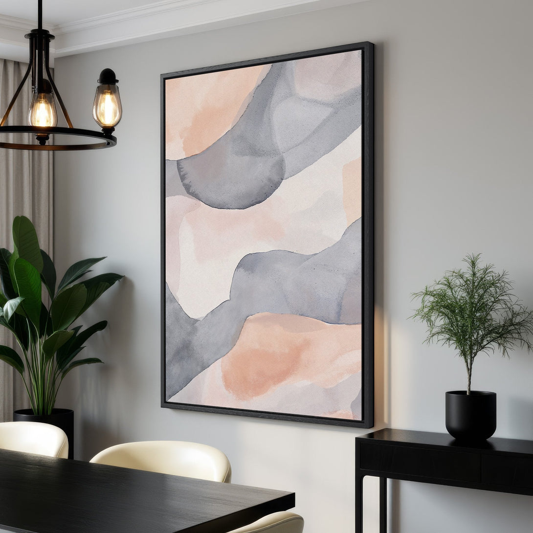Framed Wall Art featuring an abstract watercolor design in blush, gray, and neutral tones. Modern art for a stylish interior.