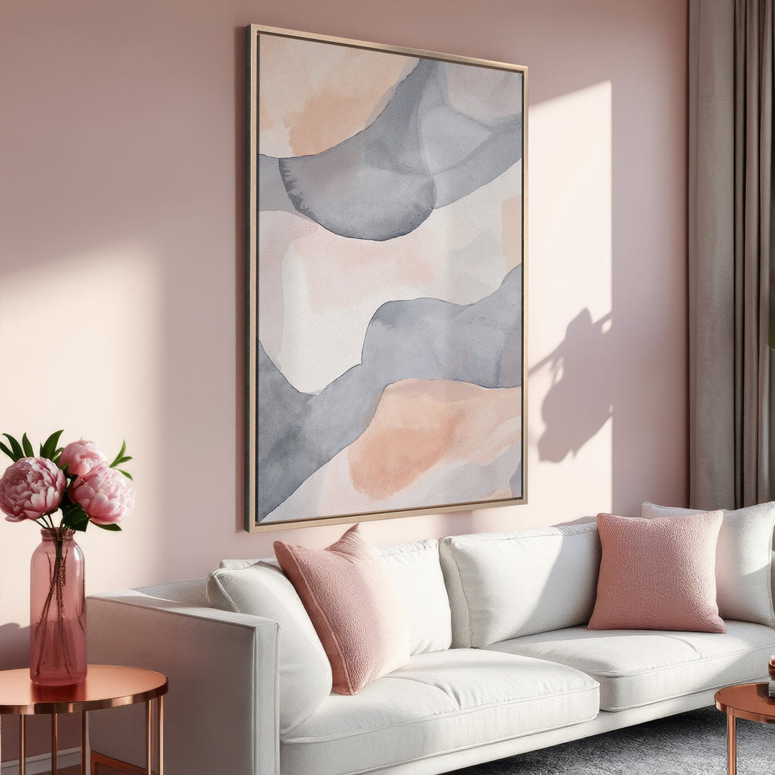 Framed Wall Art: Abstract watercolor art in blush pink and gray tones. Modern canvas print adds a touch of elegance to any living room.