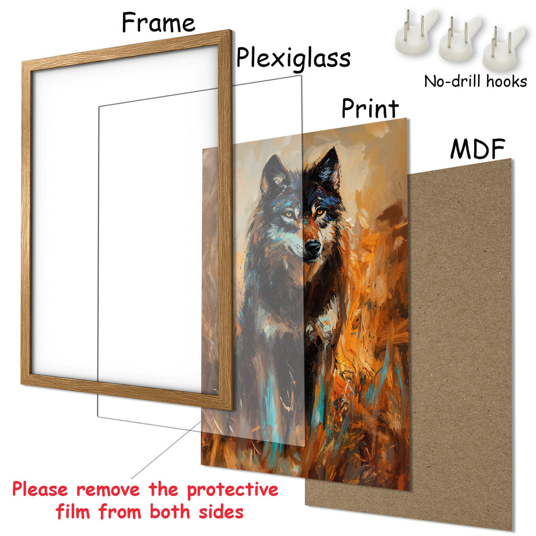 Framed Poster featuring a wolf painting in a vibrant, impressionistic style with warm earth tones and blues. Ready to hang!