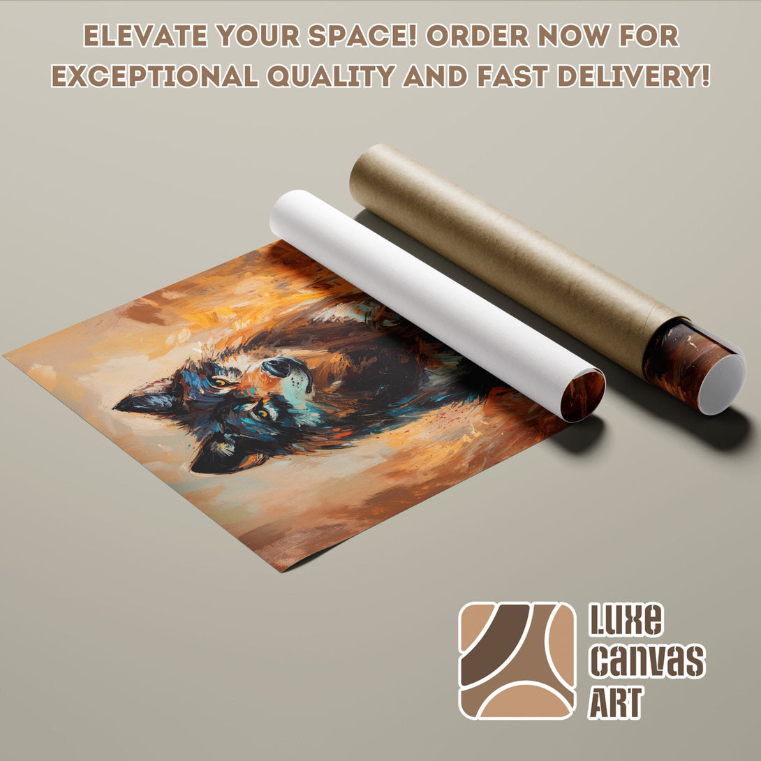 Poster Roll featuring a wolf painting in an expressive style with warm, earthy tones. Elevate your space with stunning art!