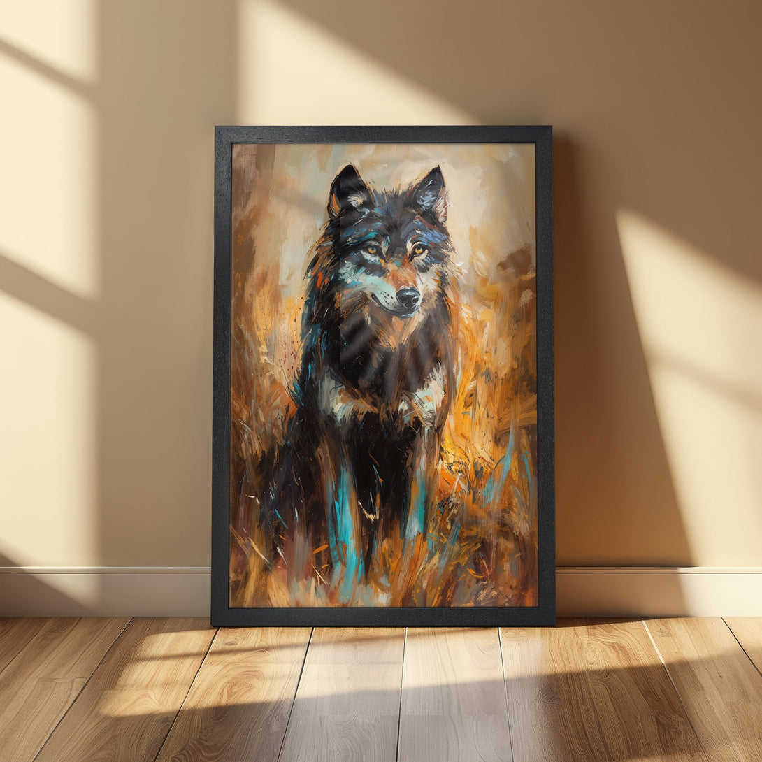 Framed Poster featuring a majestic wolf in an expressive, painterly style with a warm, earthy color palette. Add this stunning art to your home!