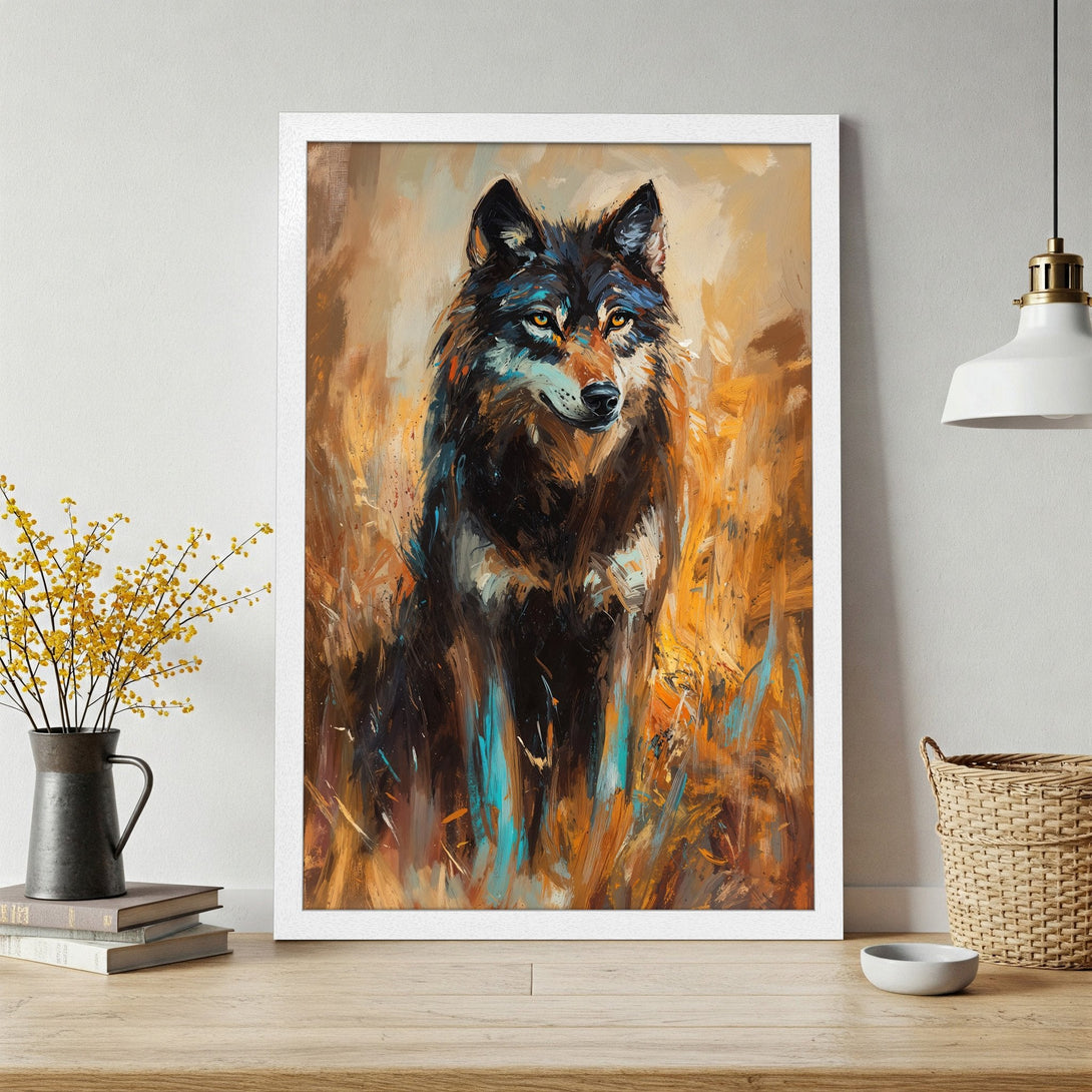 Framed Poster of a majestic wolf in an expressive, painterly style. Warm orange and brown tones create a captivating wildlife art piece.