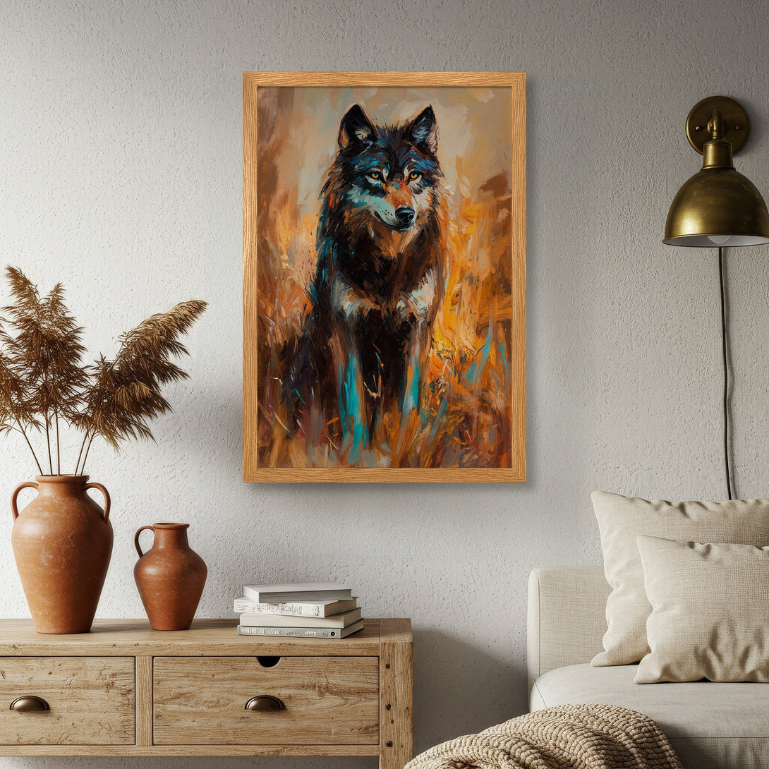 Framed Poster featuring a majestic wolf in an expressive, painterly style. Warm orange and cool blue hues create a captivating artwork. Perfect wall decor!