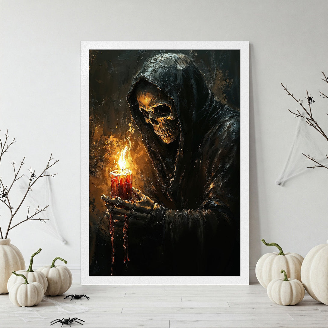 Framed Poster featuring a spooky Grim Reaper holding a candle. Dark, dramatic art with a warm, fiery color palette, perfect for Halloween decor.