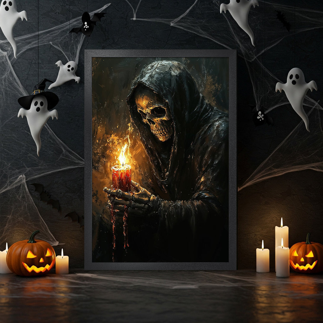 Framed Poster featuring a spooky skull with a candle, dark art style, and a moody, warm color palette. Perfect Halloween decor!