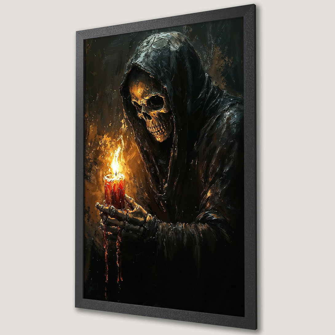 Framed Poster of Grim Reaper holding candle. Dark, dramatic art with gold and black color palette. Perfect for Halloween decor.