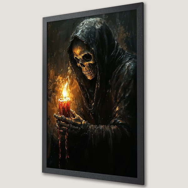 Framed Poster of Grim Reaper holding candle. Dark, dramatic art with gold and black color palette. Perfect for Halloween decor.