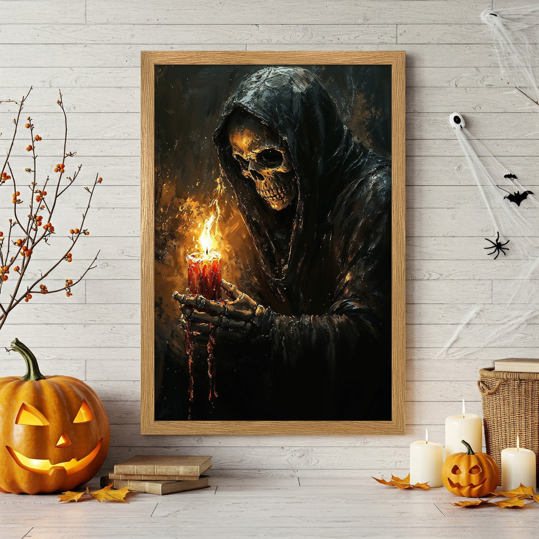 Framed Poster featuring a spooky Grim Reaper holding a candle. Dark, dramatic style with warm orange and black color palette. Perfect Halloween decor!