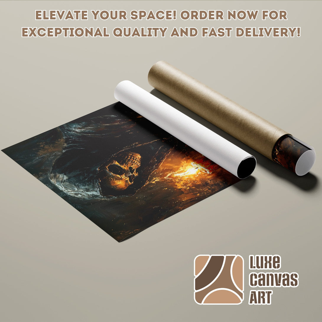 Poster Roll featuring dark fantasy art with a skull, warm color palette. Elevate your space!