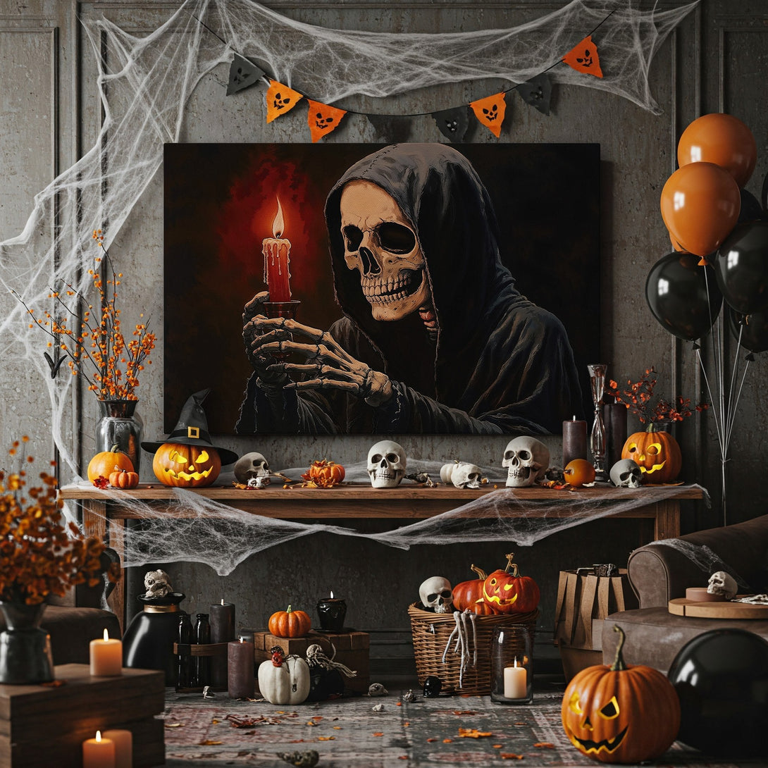 Framed Wall Art: Spooky skeleton holding candle, dark & dramatic art piece. Perfect Halloween decor, rich red & black tones. Add a touch of mystery!