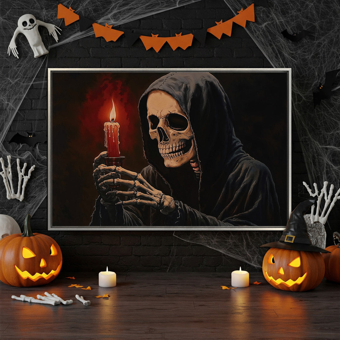 Framed Wall Art: Spooky Halloween canvas print featuring a skeletal figure holding a candle, dark & moody color palette. Perfect for Halloween decor!