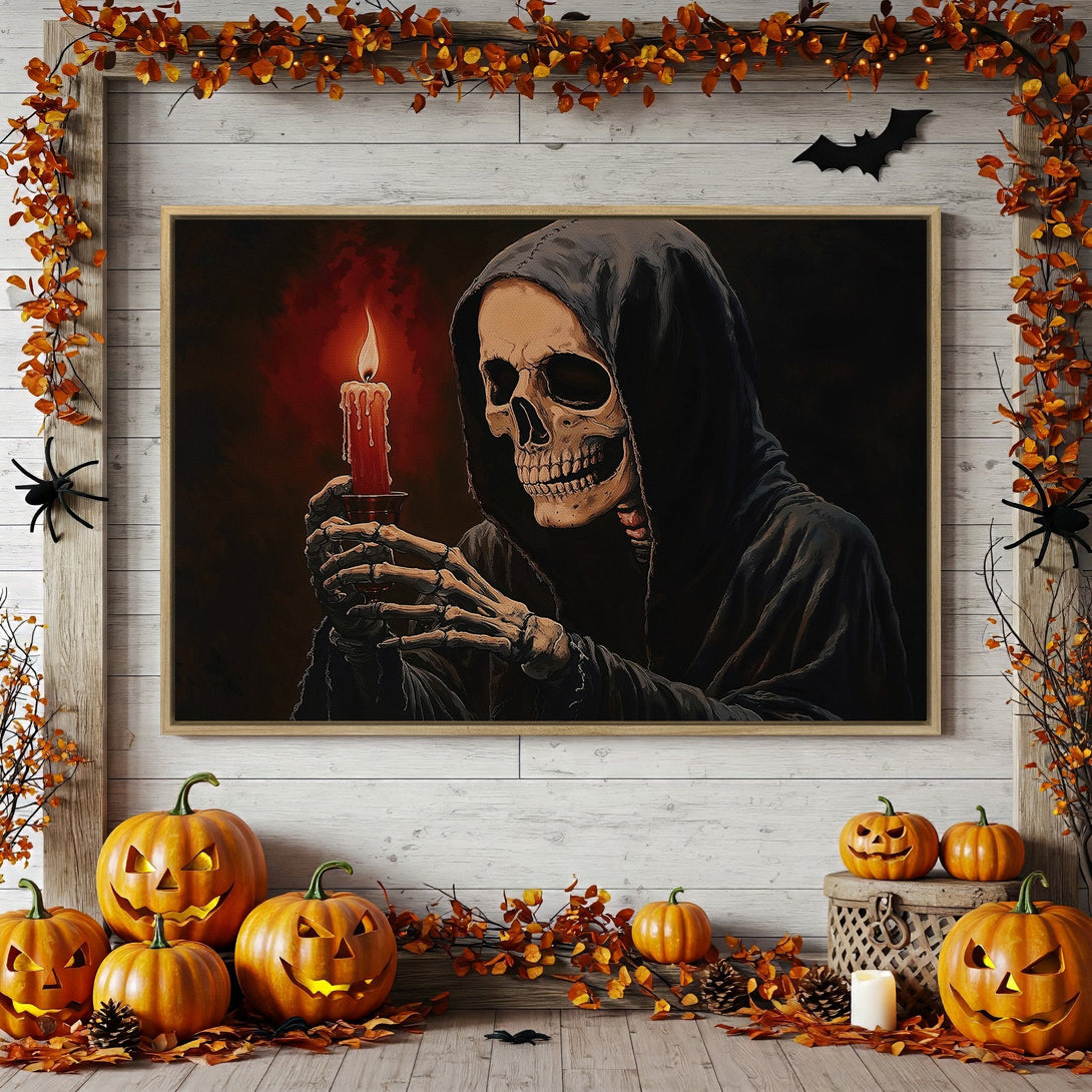 Framed Wall Art: Spooky Grim Reaper holding a candle, dark & moody color palette, perfect Halloween decor.