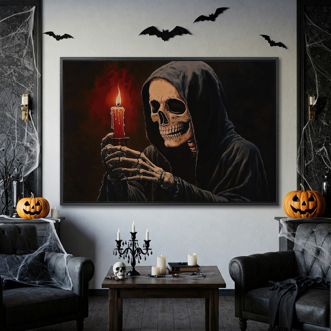 Framed Wall Art: Spooky Grim Reaper holding a candle, dark and moody color palette, perfect for Halloween decor. Shop our art collection!