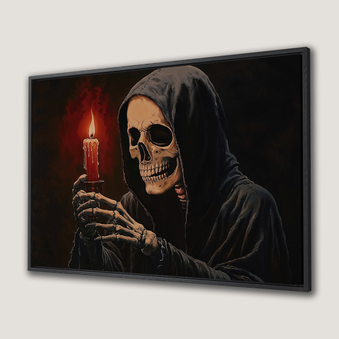 Framed Wall Art: Grim Reaper holding candle. Dark, gothic style with red and black color palette. Perfect for Halloween decor or spooky art lovers.