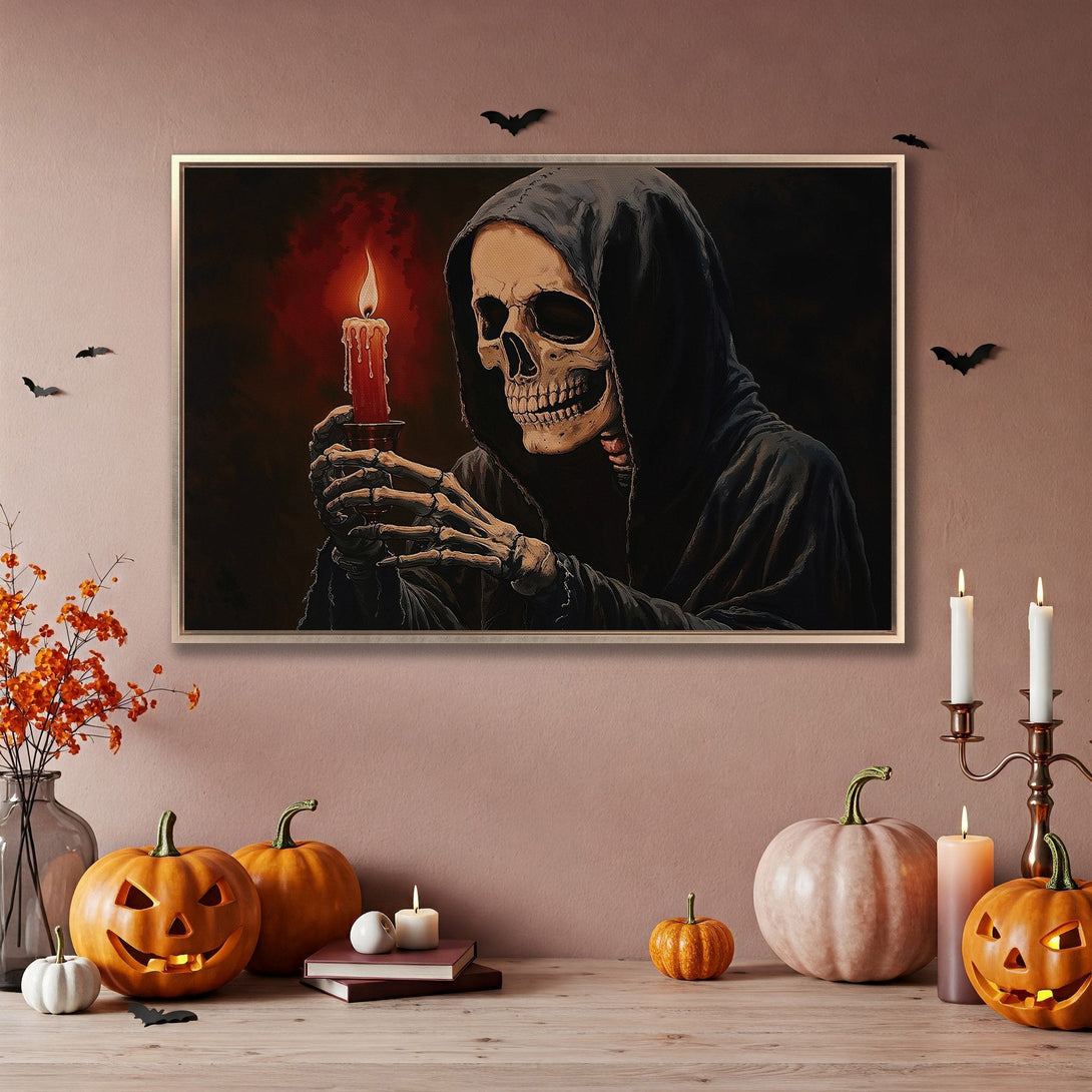 Framed Wall Art: Spooky skeleton holding candle, perfect for Halloween decor! Dark, moody color palette. Add a touch of eerie elegance to your space.